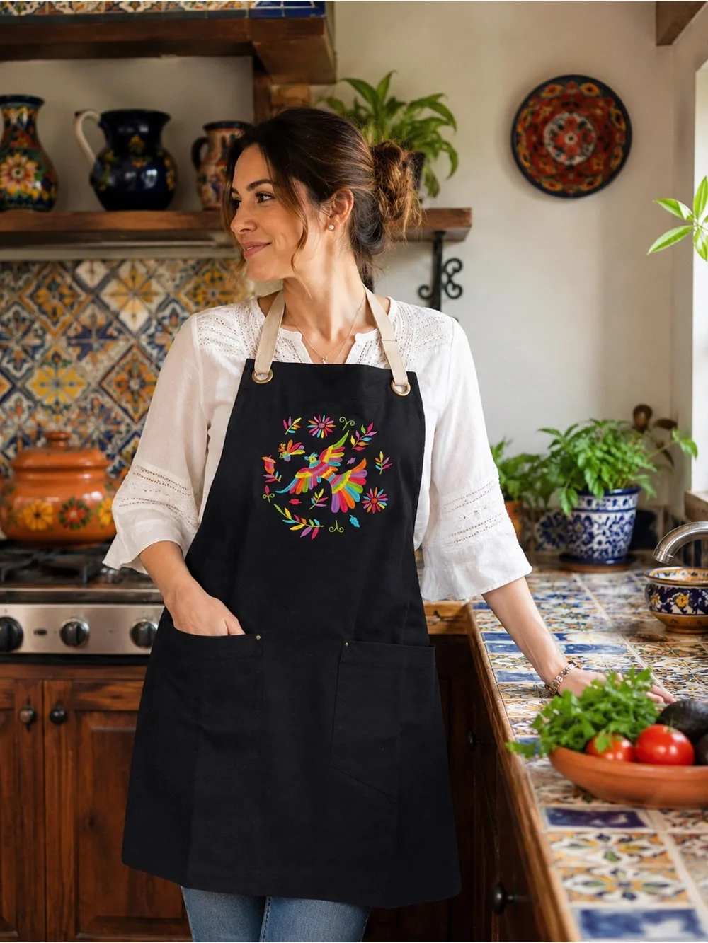 Black Apron with Colorful Embroidered Bird and Floral Design